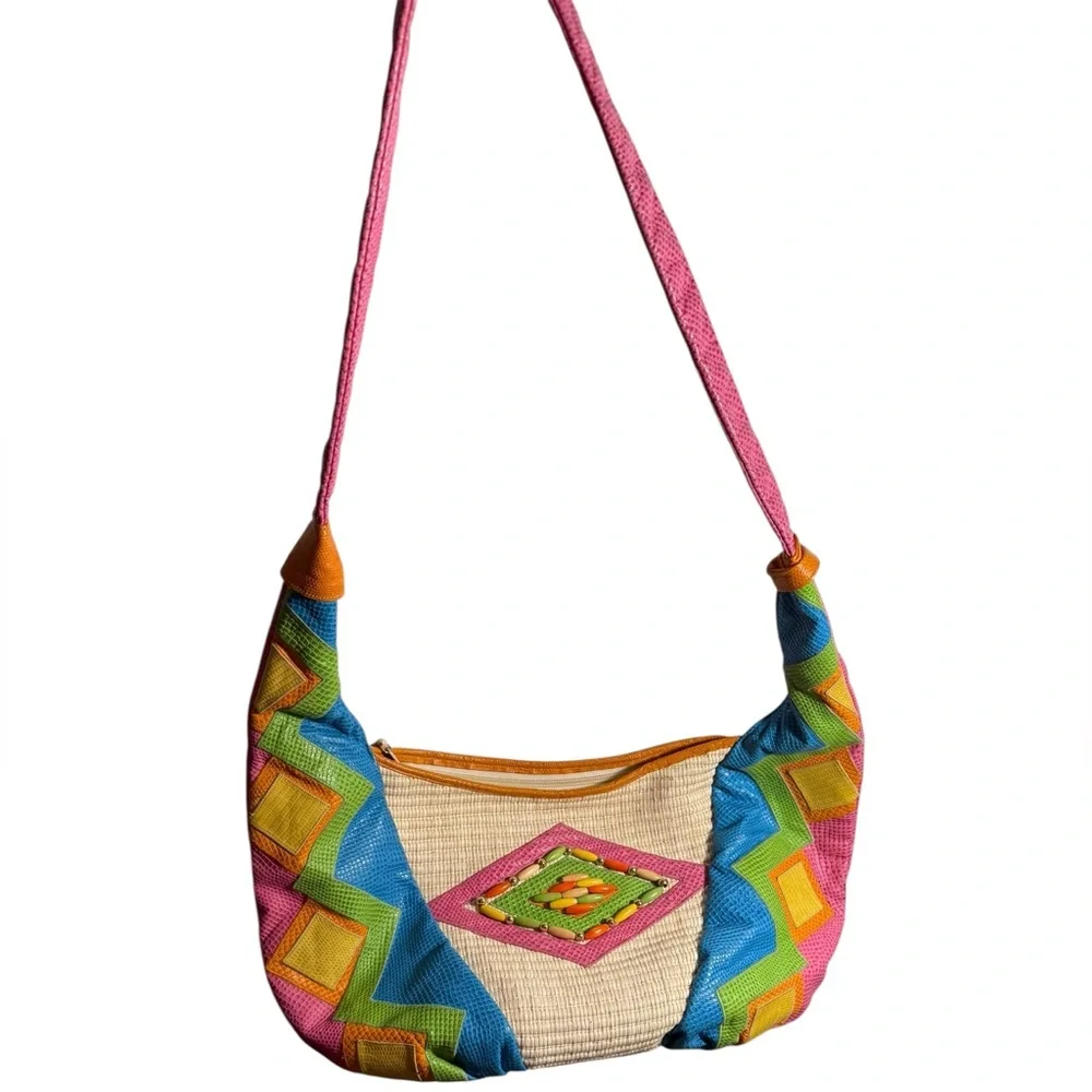 Sharif vintage pink green yellow orange cream leather woven western hobo bag - Picture 3 of 16